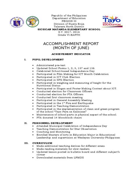 SCHOOL DIVISION OF SAN JOSE DEL MONTE CITY BAGONG BUHAY B ELEMENTARY SCHOOL Masipag St. . Monthly accomplishment report sample